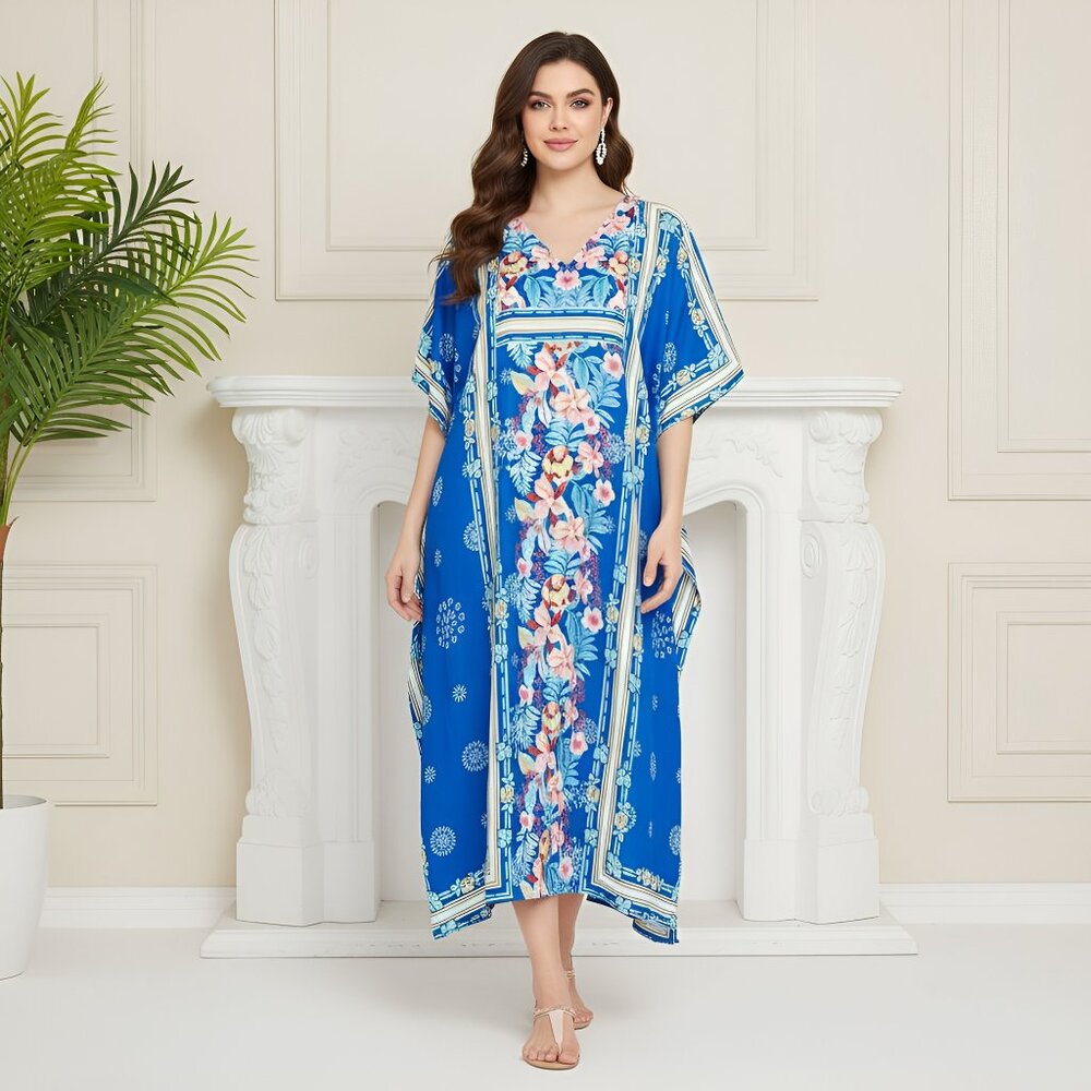 Blue Floral Printed Women Maxi Kaftan Dress for Beach Dresses by Gypsie Blu